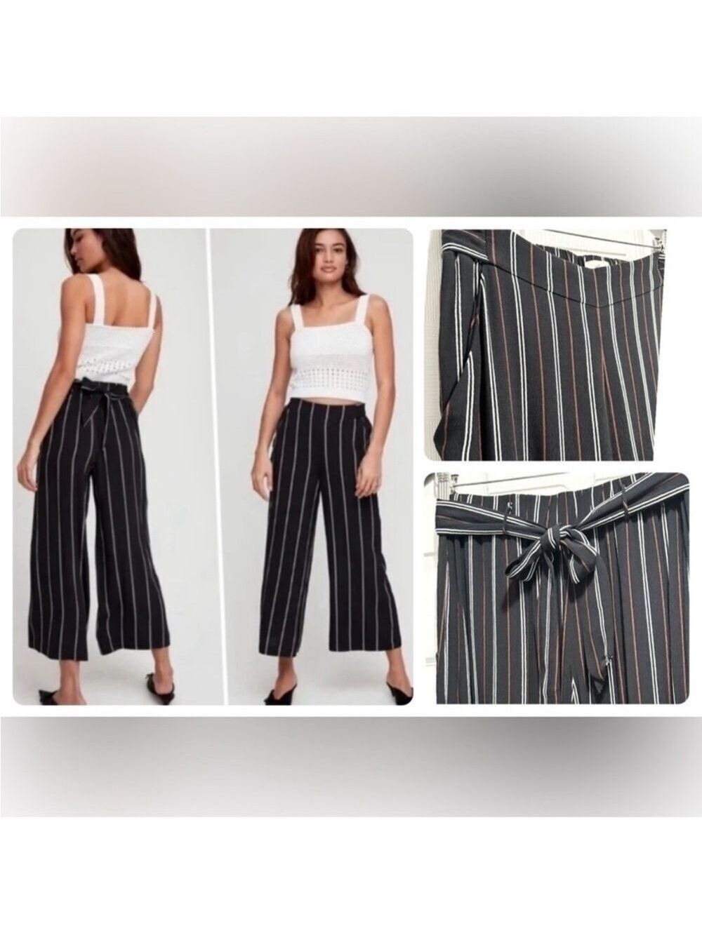 Aritzia Wilfred Faun Pants High-Waisted Wide Leg Pin Stripes Back Tie Sz Medium